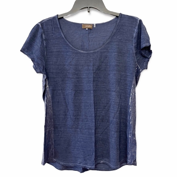 Crosby Navy Blue Faded Wash Sequin‎ Short Sleeve Rayon Tee - Picture 1 of 8